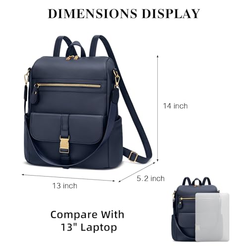KKXIU Backpack Purse for Women - Multi-pocket Leather backpack for Travel, Work & School with Anti-Theft Lock Pocket, Luggage Strap & Water Bottle Pockets - 13x14x5.2 Inch (Navy) - color: Navy