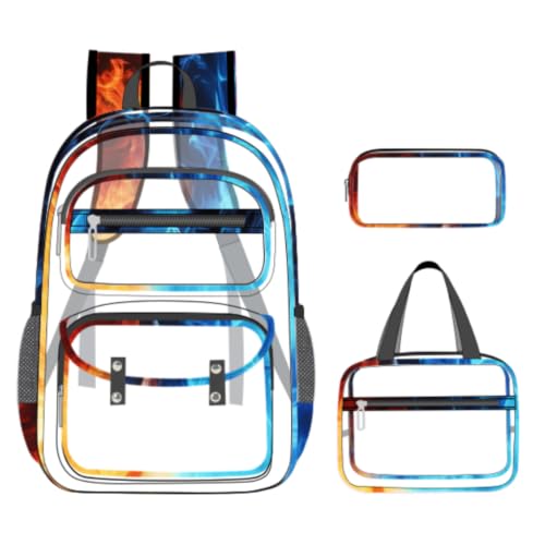 ACESAK Clear Backpack for Girls - 3 Pcs Clear Backpack Heavy Duty with Lunch Bag - See Through Bookbag Stadium Approved for Kids Middle High College School(Flame) - color: Flame