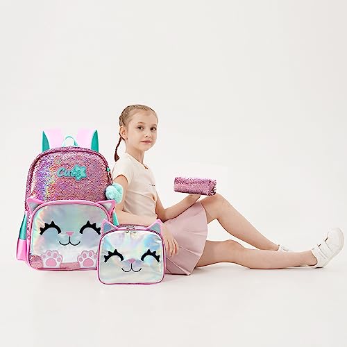 Meetbelify Cute Backpack for Girls Pink Cat School Backpacks Kids Sequin Bookbag for Elementary Kindergarten Students with Lunch Box Pencil Case for Girls 5-12 Years Old - color: Sequin Cat Pink