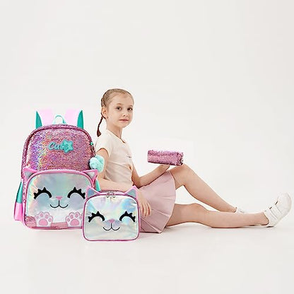 Meetbelify Cute Backpack for Girls Pink Cat School Backpacks Kids Sequin Bookbag for Elementary Kindergarten Students with Lunch Box Pencil Case for Girls 5-12 Years Old - color: Sequin Cat Pink