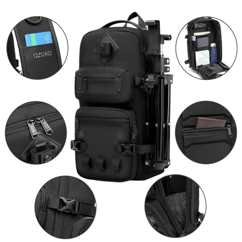 OZUKO Sling Bag for Men, Waterproof Crossbody Backpack, Tactical EDC Chest Pack with Tripod Holder for Travel, Hiking, Photography, Commuting - color: Black
