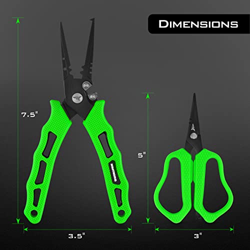 KastKing Cutthroat 7.5- Inch Saltwater Resistant Fishing Pliers, 5-Inch Braid Scissors, Line Cutter, Hook Remover, Fishing Tools Set, Gifts for Men - style: B: Split Ring Plier and Scissor - Green