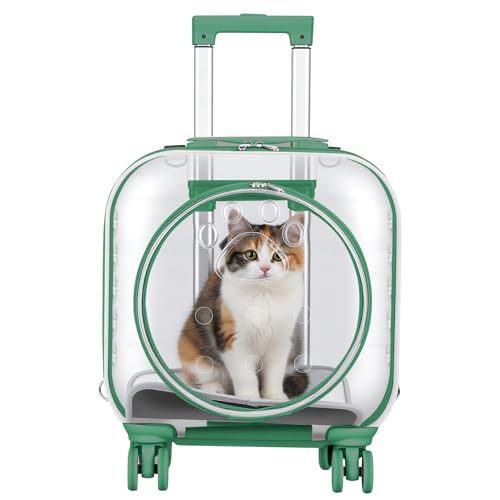 Cat Carrier Backpack with Silent Wheels, Clear Cat Stroller with Ventilation Holes, Telescopic Handle, Convenient Portable Cats Dogs Backpack for Travel (Green-B) - color: Green-B