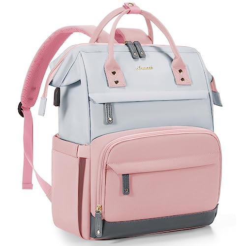 LOVEVOOK Laptop Backpack for Women, 15.6 Inch Work Business Backpacks Purse With Large Capacity, Waterproof Nurse Bag College Bookbag for School, Waterproof Casual Daypack for Travel - color: Pink-grey, size: 15.6 INCH