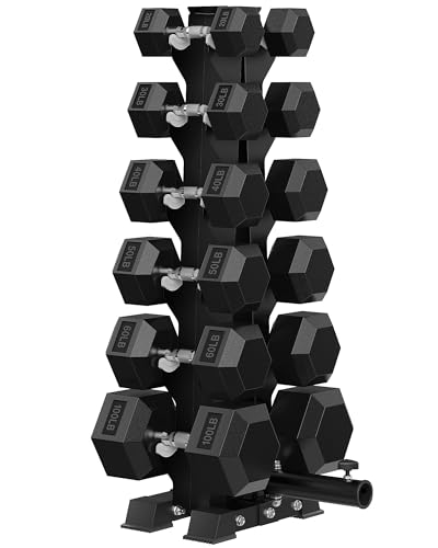 HANDBODE Rubber Coated Hex Dumbbell Set with A-Frame Rack, 100 lb - 600 lb Multiple Options Weight, Hexagon Non-Rolling Shape, Ergonomic Knurled Handle, Home Gym Equipment for Strength Training - style: 600 lb (20, 30, 40, 50, 60, 100 lb) X 2 & Rack