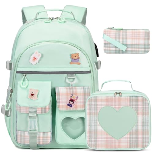ACESAK Backpack for Girls - Bookbag Backpacks Schoolbag for Girls Kids Teen Women Casual Travel Daypacks - School Bag Elementary Middle School College Cute Backpack with Lunch Box (Green) - color: Green