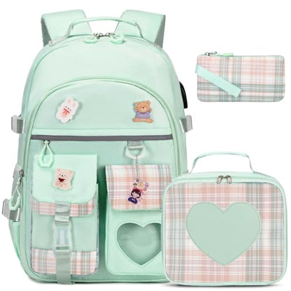 ACESAK Backpack for Girls - Bookbag Backpacks Schoolbag for Girls Kids Teen Women Casual Travel Daypacks - School Bag Elementary Middle School College Cute Backpack with Lunch Box (Green) - color: Green