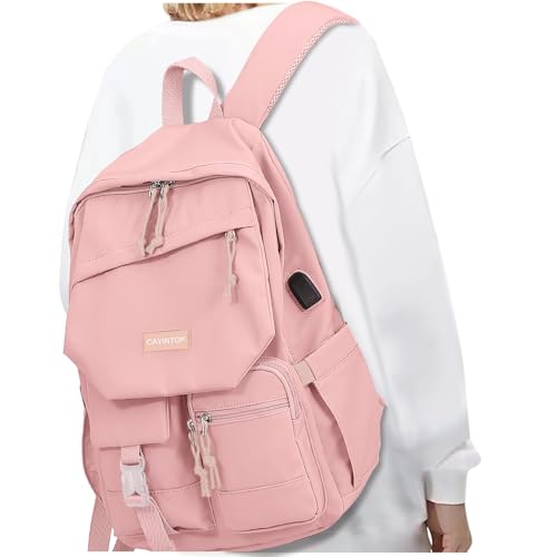 School Backpack College Bookbag for Teen — Student Aesthetic Bagpack for Girls 15.6 Inch Casual Daypack with USB Charger Women Laptop Backpacks Anti Theft Cute Fashion Book Bag Travel Back Pack Pink