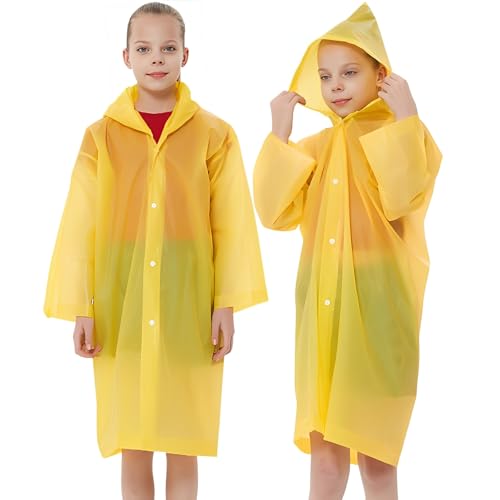 Rain Ponchos Raincoats for Kids, Reusable Boys Girls Rain Jackets Emergency with Hood for Family Disney Travel Outdoor - color: D-yellow