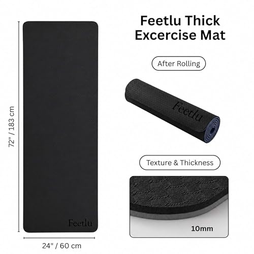 Extra Thick Yoga Mat with Carry Strap, 10mm Non-Slip Exercise Mat, 72 x 24 Inch Cushioned Workout Mat for Yoga, Pilates, Stretching & Floor Exercises - color: Black & Gray