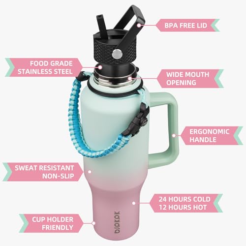 BJPKPK Insulated Water Bottles with Straw Lid, 35oz Metal Water Bottle with 2 lids & Paracord Strap, Double Wall Stainless Steel Tumbler with Handle, Reusable Cups, Mugs, Thermo, Marshmallow - color: Marshmallow, style: 35oz-Side Handle