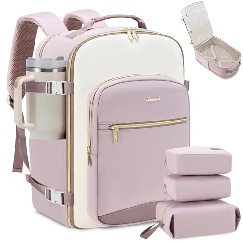 LOVEVOOK 40L Travel Backpack for Women & Men, Airline Approved Carry On Luggage with 3 Packing Cubes, TSA Overnight Bags, Waterproof Personal Item Bag, Weekender Essentials Backpacks fits 17" Laptop - color: Light Purple-beige-purple, size: Large
