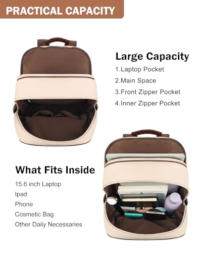 MASINTOR 15.6 inch Leather Laptop Backpack Purse for Women, Designer Travel and Work Bag with Laptop Compartment Beige Brown - color: Beige Brown