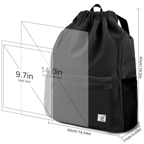 Drawstring Backpack with Mesh Pockets String Gym Bag Sackpack Sandproof Water Resistant Beach Backpack for Men Women - color: Black102