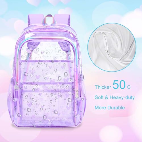 gxtvo 3PCS See Through Backpack Heavy-Duty Set for Women & Teen Girls, 17" Purple Clear Bookbag with Rainbow Strap, Cute Differentiation Love Transparent School Bag - color: Purple Love Clear Backpack Set