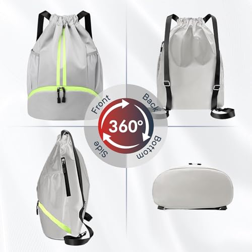 PinCute Drawstring Backpack for Women Men, Gym Bag for Soccer, Basketball, Swim, Beach, Water-Resistant Sports Backpack with Wet Pocket and Shoe Compartment, Grey - color: Grey