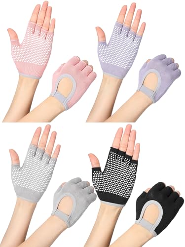 Fourluoo 4 Pairs Pilates Gloves with Grips for Women Non Slip Cotton Fingerless Silicone Yoga Gloves for Gym Exercise Workout Weight Training Mitten Fits Women Men - color: Black, Pink, Gray, Purple
