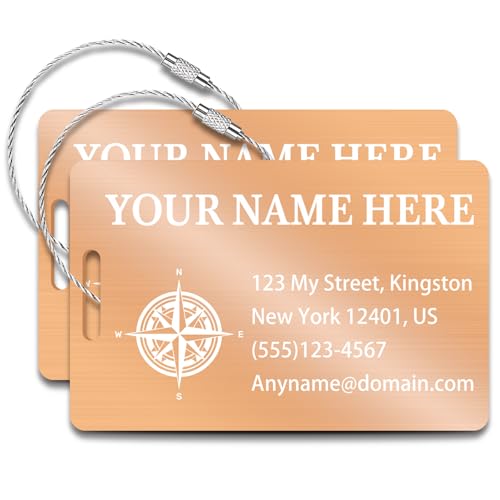 Personalized Metal Luggage Tags (2 Pack), Customizable Icon Text, Laser Engraved Waterproof Durable, for Bags, Backpack Travel, Suitcases (Rose Gold) - color: Vertical Rose Gold