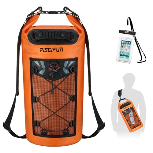 Piscifun Dry Bag, Waterproof Floating Backpack 10L/20L/30L/40L with Waterproof Phone Case for Boating, Kayaking, Fishing - color: Orange, style: 20l