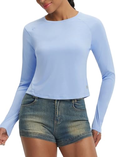 baleaf Women's UPF 50+ Long Sleeve Sun Shirts Crop Rash Guard UV Workout Tops SPF Slim Fit Lightweight Athletic Hiking - color: Light Blue, size: Large