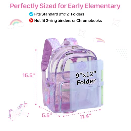 Bagseri Clear Backpack for Girls, 15 Inch Heavy Duty Kids Transparent Bookbag for School Kindergarten to 2nd Grade, Fits 12.5 Inch Folders, High Visibility Reflective Strips, Purple Mermaid - color: 1pcs, A-purple Mermaid, style: Backpack