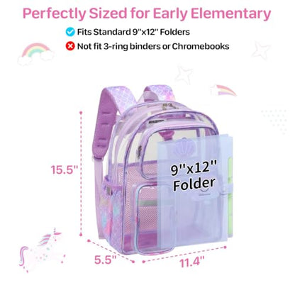 Bagseri Clear Backpack for Girls, 15 Inch Heavy Duty Kids Transparent Bookbag for School Kindergarten to 2nd Grade, Fits 12.5 Inch Folders, High Visibility Reflective Strips, Purple Mermaid - color: 1pcs, A-purple Mermaid, style: Backpack