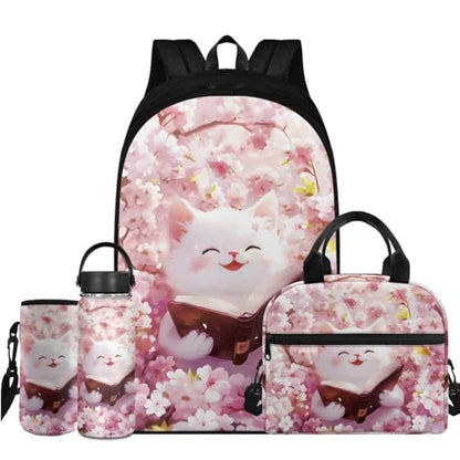 Flashideas Cherry Blossom Cat Backpack for School Girls Backpack with Lunch Box 32 oz Water Bottle and Water Bottle Holder 4Pcs Set 17" Bookbag with Compartments Sturdy School Bag for Kids Elementary - color: Cherry Blossom Cat