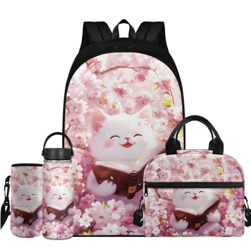 Flashideas Cherry Blossom Cat Backpack for School Girls Backpack with Lunch Box 32 oz Water Bottle and Water Bottle Holder 4Pcs Set 17" Bookbag with Compartments Sturdy School Bag for Kids Elementary - color: Cherry Blossom Cat