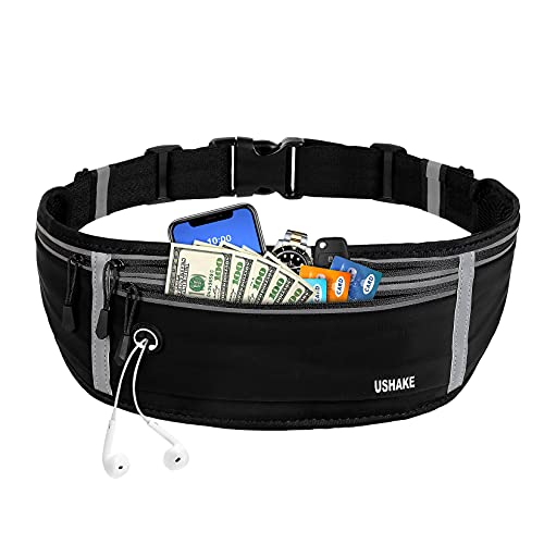 USHAKE Slim Running Belt, Workout Fanny Pack for Men Women,Exercise Waist Pack for Apple iPhone Holder, Runner Belt for Running Walking Cycling Camping Gym - color: Black/4 Grey Zippers