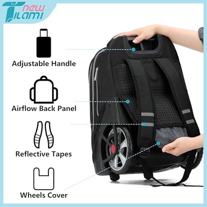NEW TILAMI 19 inch Rolling Backpack Teens Rolling Backpack Cute Wheeled Laptop Backpack Bookbag Roller Travel Bag College, Black - color: Black