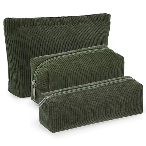 Huhumy 3 Pcs Makeup Bag Set for Women Corduroy Cosmetic Pouch Aesthetic Smile Travel Toiletry Bag Cute Purse Pouch Pencil Case Makeup Brushes Storage Organizer with Zipper(Army Green,Solid Style) - color: Army Green, style: Solid Style
