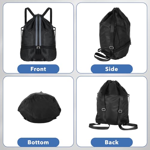 Drawstring Gym Bag with Shoe Compartment and Side Mesh Pockets, Waterproof Sports Drawstring Backpack, Wet and Dry Separation String Backpack for Women Men, Suitable for Fitness, Swimming, Football