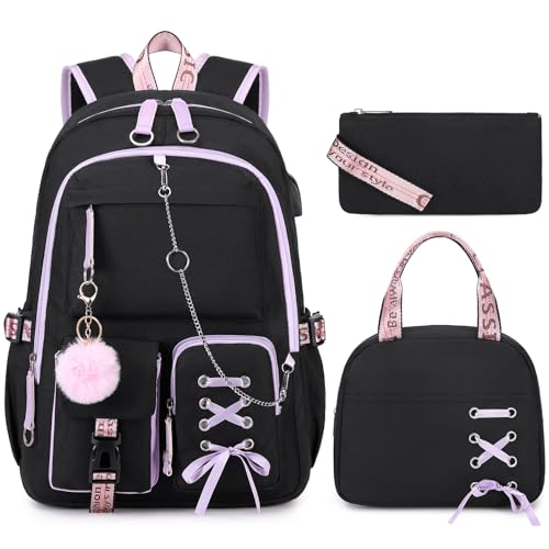 ACESAK Backpacks for Girls, Girls Backpack with Lunch Box and Pencil Case for Teen Kids Elementary Middle High School College Student, Children Backpack Bookbag with USB Charging Port (Black Purple) - color: Black With Purple Zipper