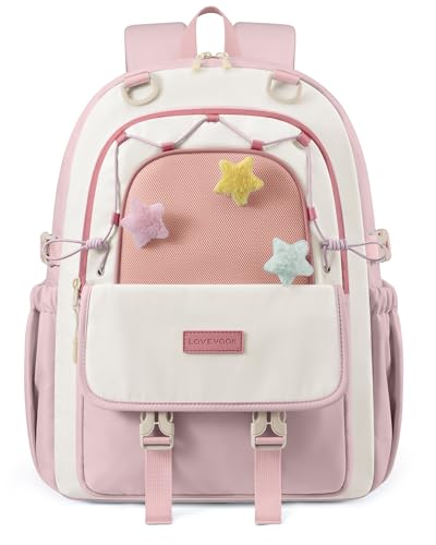 LOVEVOOK School Backpack for Teen Girls, Cute Lightweight Bookbag with Star Charm, Large Capacity Backpack Fits 15.6 Inch Laptop, Water Bottle Holder, Gift for Kids & Students - color: Blush Cloud, size: 15.6 Inch