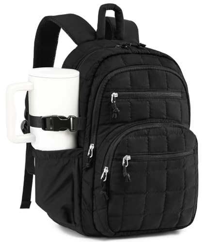 Quilted Laptop Backpack for Women, College Bookbag with Tumbler Holder Pocket for Nurse Teacher Work Travel, Puffer School Backpack for Teen Girls Big Student, Black - color: Black, size: 15.6in