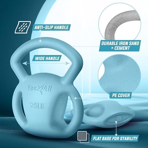 Yes4All Kettlebell, Strength Training Kettlebells for Women, Wide Multi-grip Textured Handle for Home Gym Exercises & Full Body Workout, Single 5–25 lb & Set of 10-15 lb - color: E. 25LB - Blue, style: A. Single