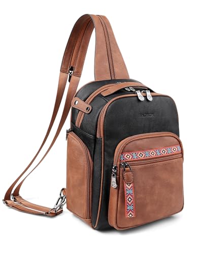 FADEON Large Sling Bag for Women, Designer Leather Crossbody Purse Convertible Sling Backpack, Anti Theft Daypack for Travel - color: Retro Black With Brown