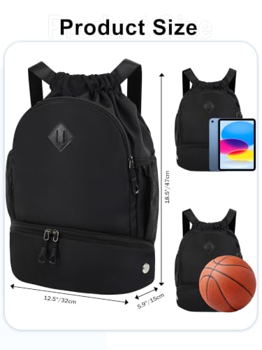 RHDZO Drawstring Backpack with Shoe Compartment and Wet Pocket, Large Black - color: Large Black, size: Large