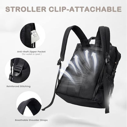 VONAL Diaper Bag Backpack, Lightweight Baby Diaper Bags, Travel Large Diaper Bag with Changing Station, Black Diaper Backpack for Boys Girls Newborn with Insulated Pockets, Stroller Straps - color: Black