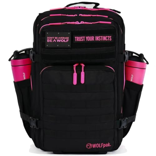 WOLFpak 45L Athletic Gym Backpack (Neon Pink) Durable 1000D Waterproof Oxford Material with MOLLE Webbing, Laptop Pocket & Dual Cup Holders, Durable Fitness/Travel/Military Daypack - color: Neon Pink