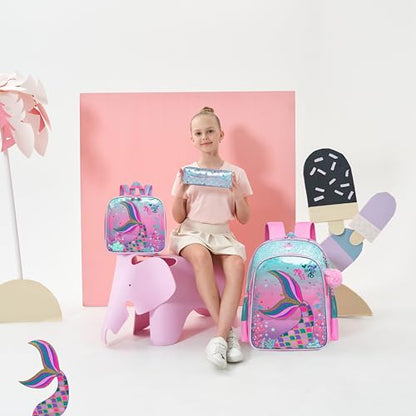 Mermaid Backpacks for Girls Backpack for School Elementary Students Kids Backpack with Lunch Box Cute Backpacks for School Girls 8-12 - color: Pink Blue Mermaid