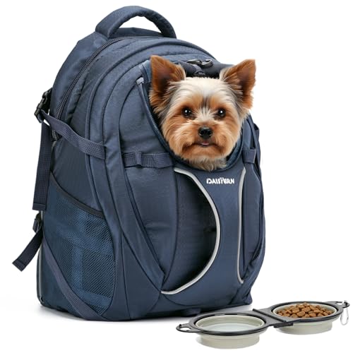 Dog Backpack Carrier for Hiking, Pet Travel Bag up to 18 lbs, 2-in-1 Foldable Cat Backpack with Laptop Compartment, Reinforced Ventilated 600D Nylon Rucksack for Walking Camping Commuting - color: Navy Blue