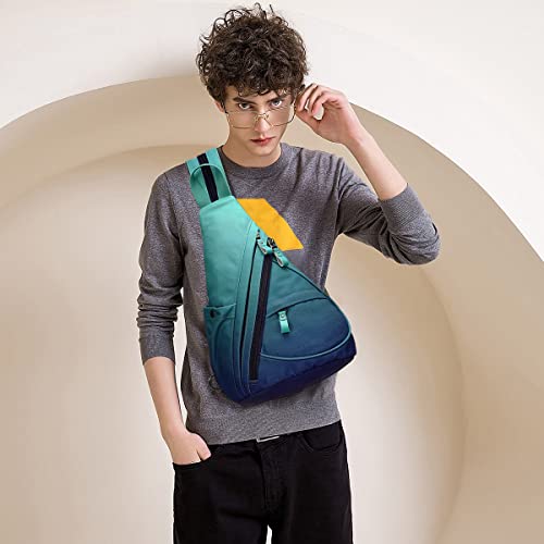 KL928 Canvas Sling Bag - Small Crossbody Backpack Shoulder Casual Daypack Rucksack for Men Women(Large Version,Blue+GrayishGreen) - color: Canvas-blue+grayishgreen
