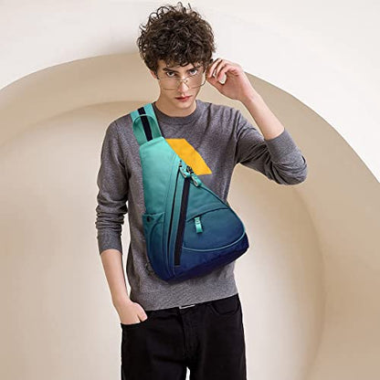 KL928 Canvas Sling Bag - Small Crossbody Backpack Shoulder Casual Daypack Rucksack for Men Women(Large Version,Blue+GrayishGreen) - color: Canvas-blue+grayishgreen