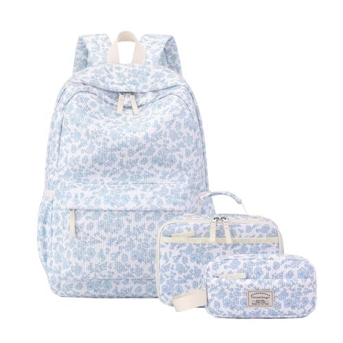 Tanweibago Backpack for Girls Boy Teen Corduroy Bookbags Elementary Middle High School with Lunch Box Pencil Bag (Flora Blue) - color: Flora Blue