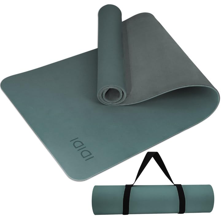 Yoga Mat with Strap,Non-Skid Workout Mat,8mm Thick Yoga Mat,POE Yoga Mats for Women Men Kids,Exercise Mat with Easy-Cinch,72"x24"x0.32” (183x61x0.8cm) - color: Deep green+Gray