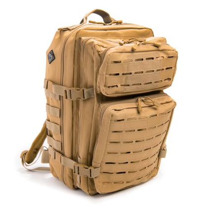 Large Laser-cut MOLLE Backpack with Pistol Retention System, Tan, Modular and Lightweight Design for EDC, Range, or Tactical Use - color: Tan
