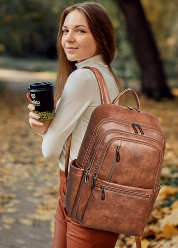 Shrrie 17 inch Leather Laptop Backpack for Women, Large Travel Backpack with 6 Compartments, Vegan Leather Computer backpack purse for WORK Casual Daypack College - color: Brown