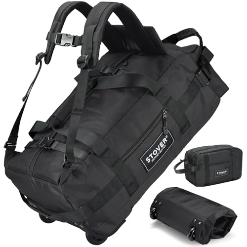 STOVER 45/80/100L Carry-On Rolling Duffel Bag with Wheels, Medium Durable Travel Duffle w/Toiletry Bag, Packable, Foldable with Shoulder Straps- Use as Luggage or Backpack, Men/Women (Black) - color: Black