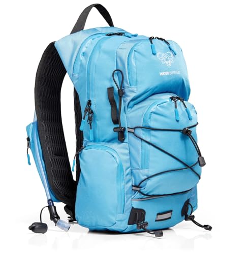 Water Buffalo Hydration Backpack - Sherpa 22L Hiking Backpack with Water Bladder - Water Backpack for Hiking with Waterproof Zippers, Phone & Pole Holders - color: Light Blue
